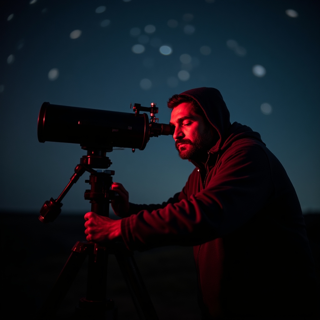 Astronome beobachtet den Sternenhimmel durch ein Teleskop bei Nacht