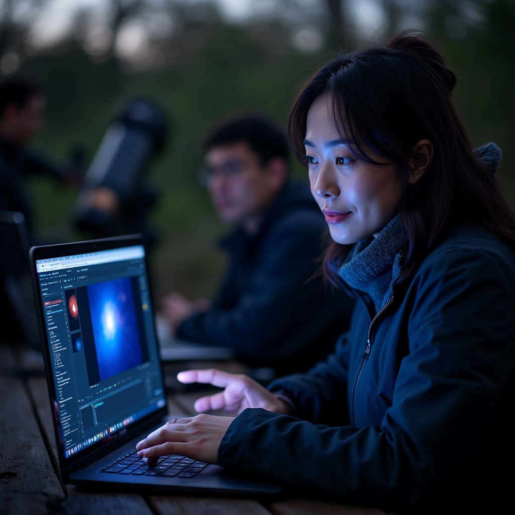 Kursleiterin erklärt Astrofotografie-Einstellungen am Laptop