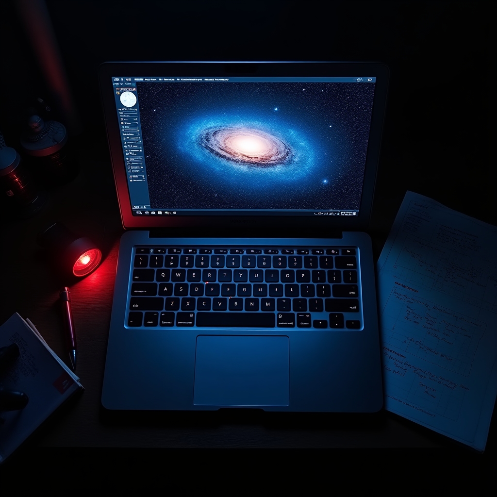 Laptop mit Astronomiesoftware und Sternkarte